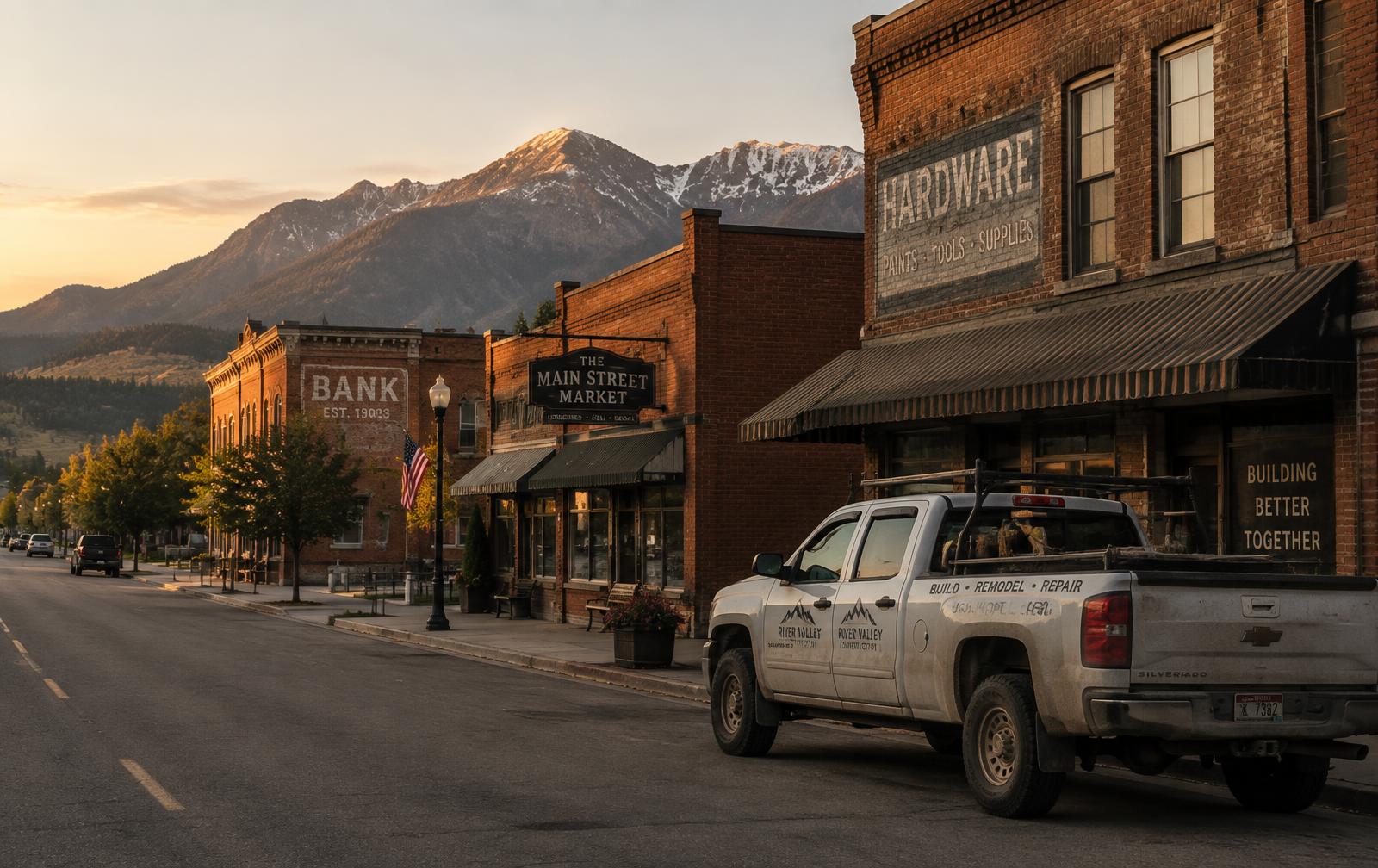 Main street in a Southeast Idaho town with brick storefronts